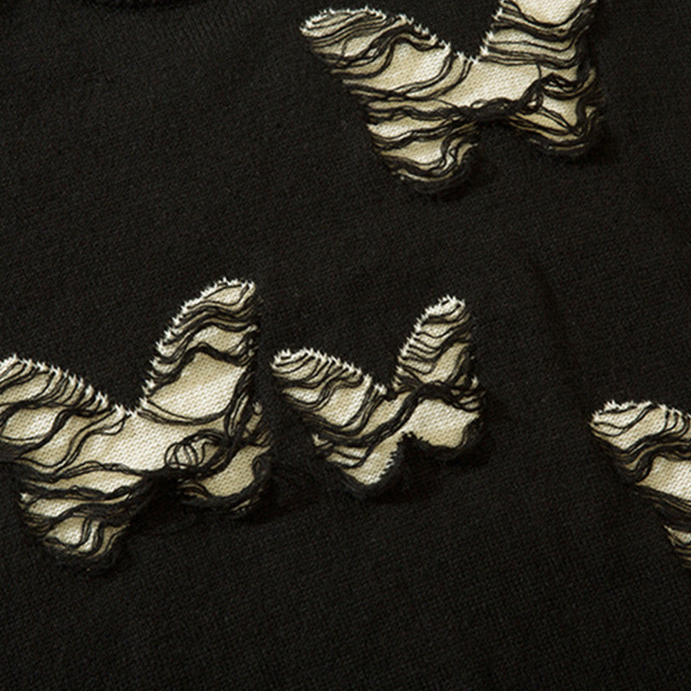 Butterfly Ripped Crochet Tassel Round Neck Knitted Sweater Tide