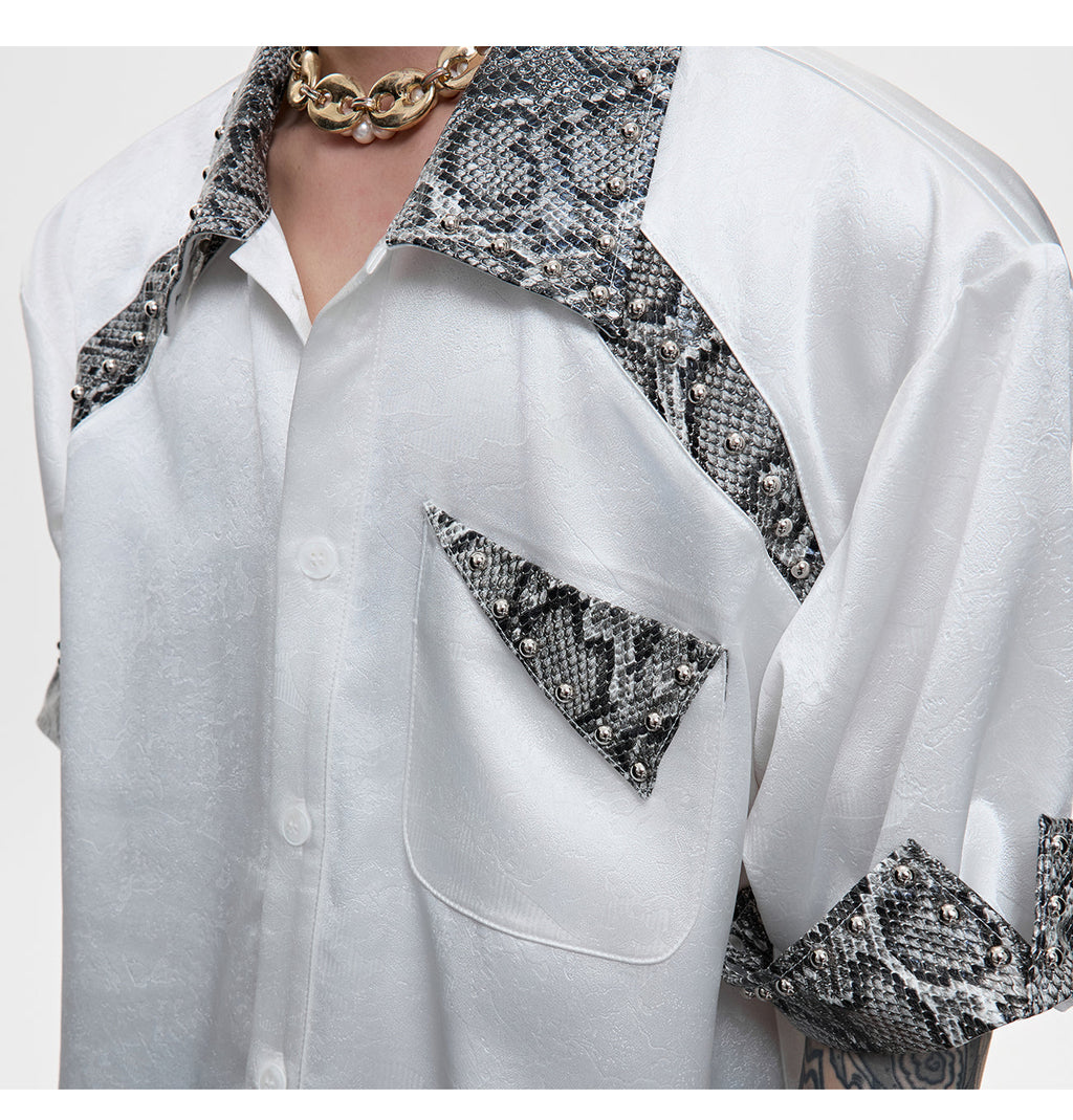 A Niche Snake Patterned Leather Patchwork Shirt With Metal Rivet Design For A Cool Cardigan