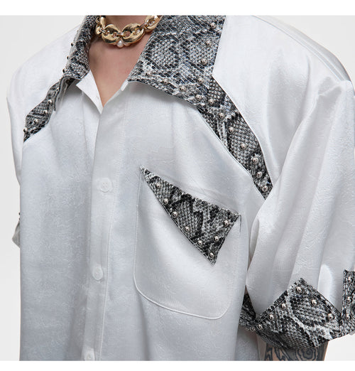 A Niche Snake Patterned Leather Patchwork Shirt With Metal Rivet Design For A Cool Cardigan