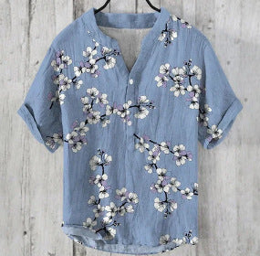 Printed V-neck Men's 3 Breasted Pullover Short Sleeve Shirt