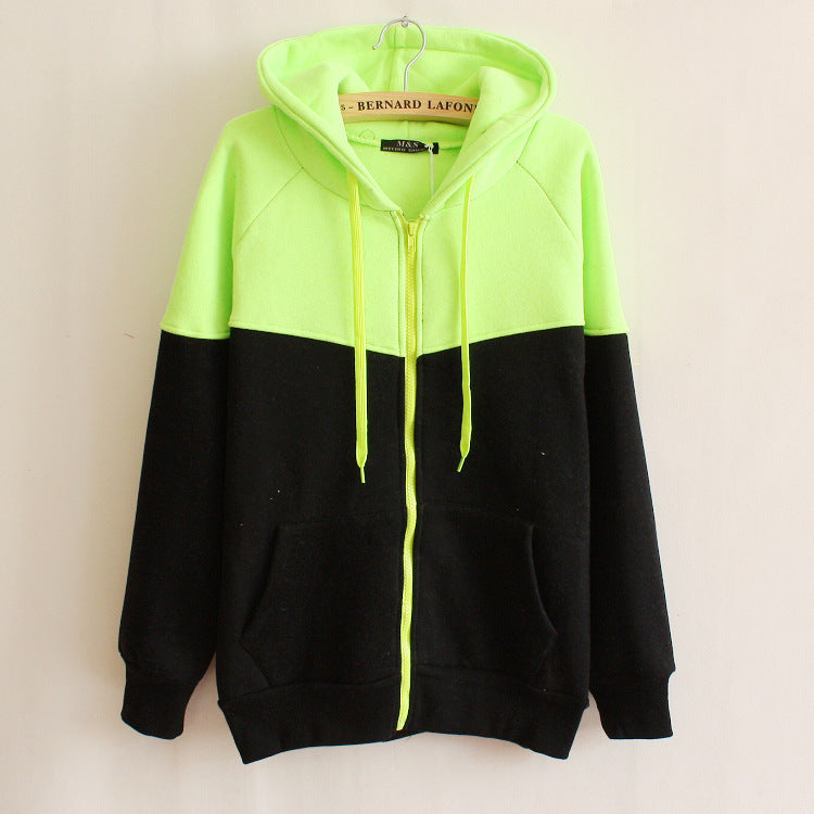 Contrast Color Hooded Cardigan Zipper Pocket Fleece Sweater