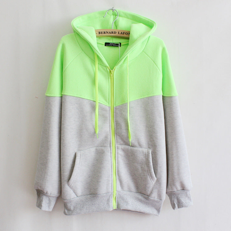 Contrast Color Hooded Cardigan Zipper Pocket Fleece Sweater