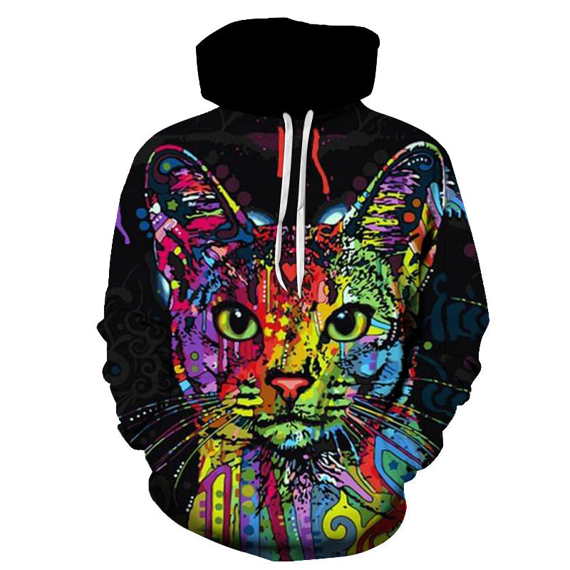 Cute Cat Digital Print Hooded Couple Sweatshirt