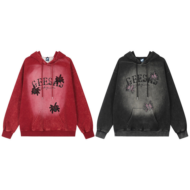 American Retro Distressed Gradient Spider Patch Embroidered Hoodie Men