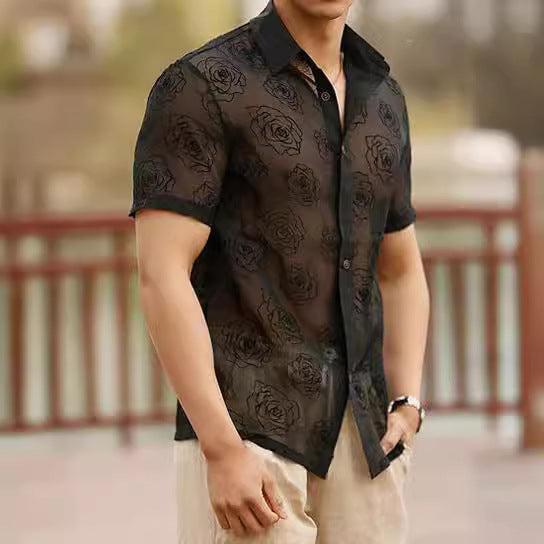 Men's Rose Flower Mesh See-through Button Short Sleeve shirt