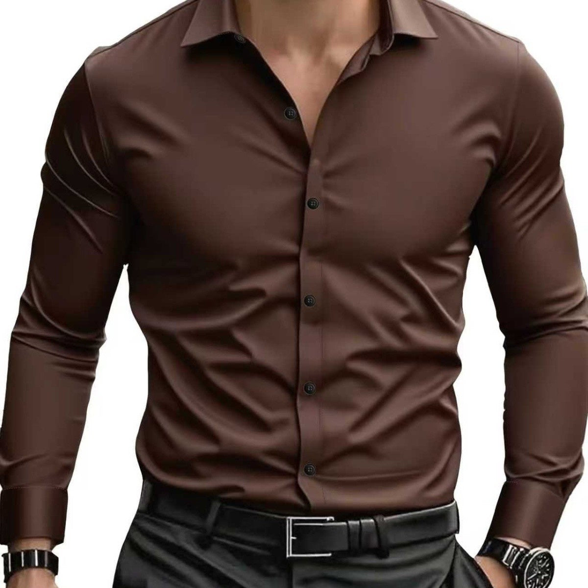 Men's Business Casual Suit Long Sleeve Inner Wear Brown Shirt