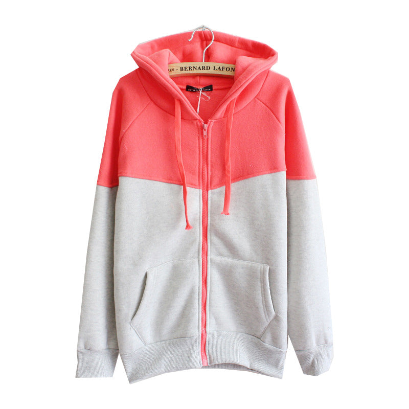 Contrast Color Hooded Cardigan Zipper Pocket Fleece Sweater