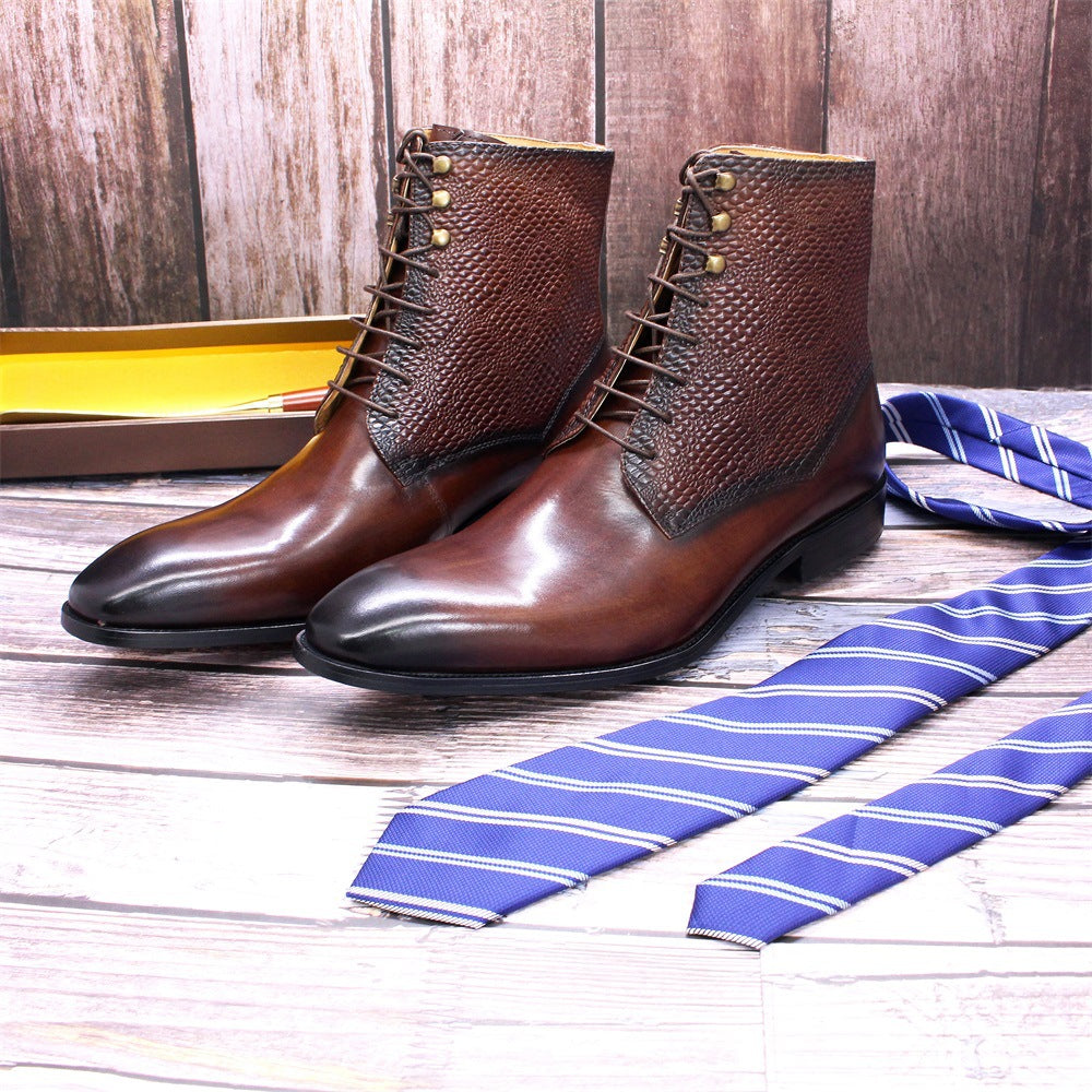 Men's Leather High-top Business Embossed Boots