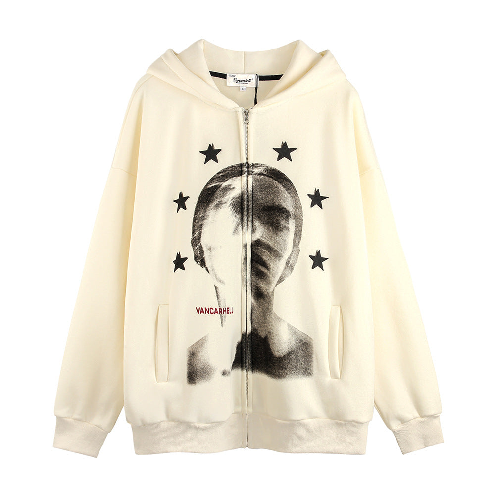Depressed Abstract Printing Fleece Cardigan Sweater