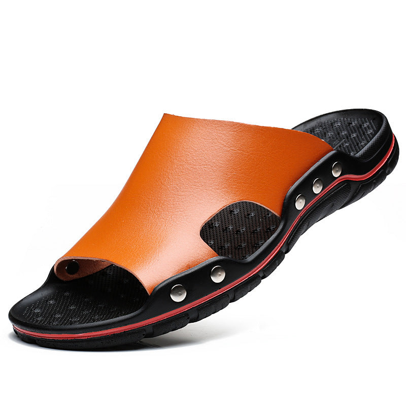 Slippers Men's Summer Leather Word Casual Tide Sandals Men's Non-slip Leather New Sandals Outer Wear Large Size Beach Shoes
