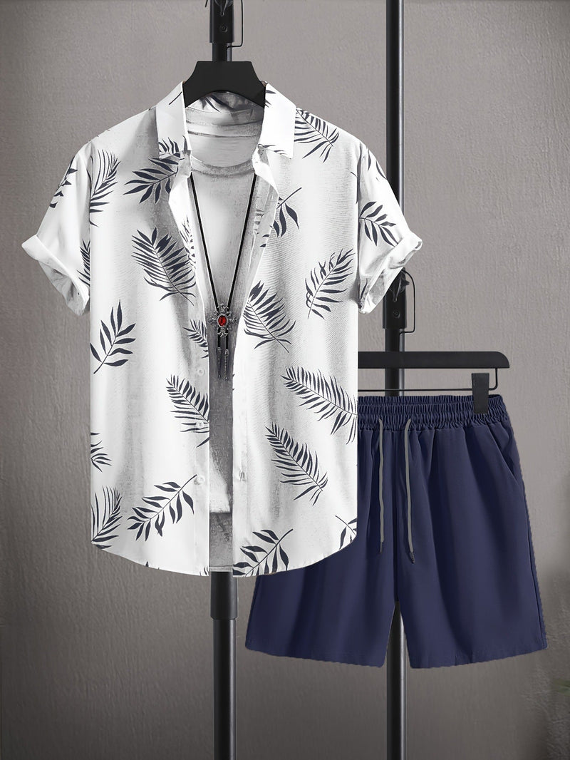Summer Printed Casual Men's Cardigan Two-piece Set