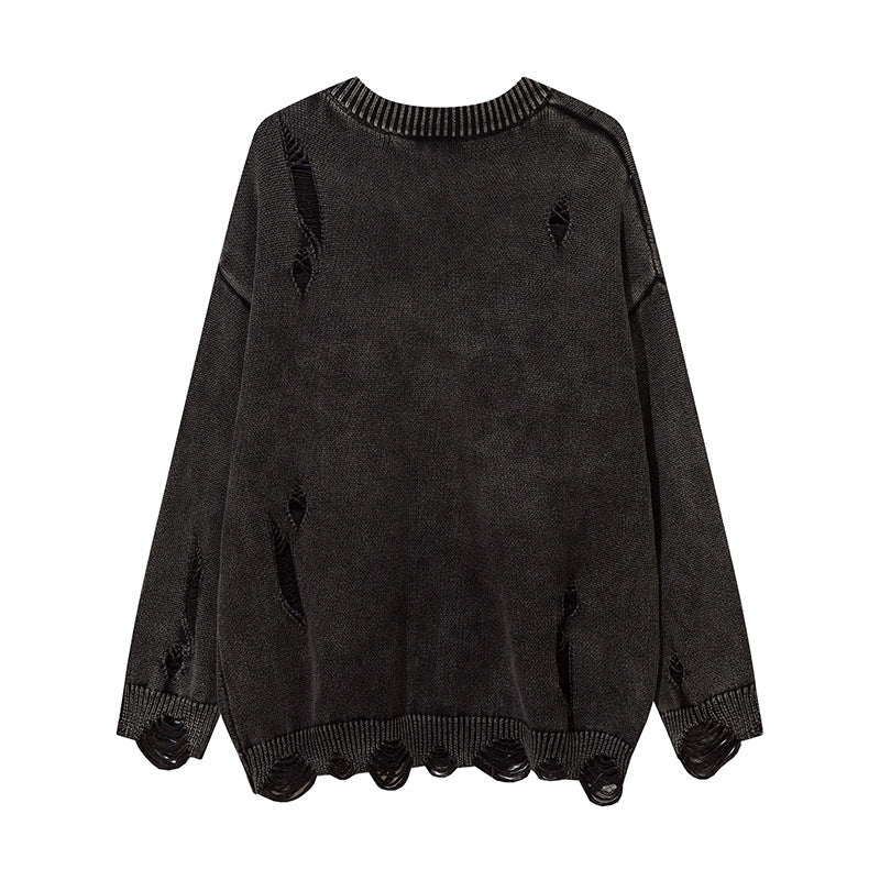 Heavy-duty Washed Make Old Ripped Round Neck Sweater
