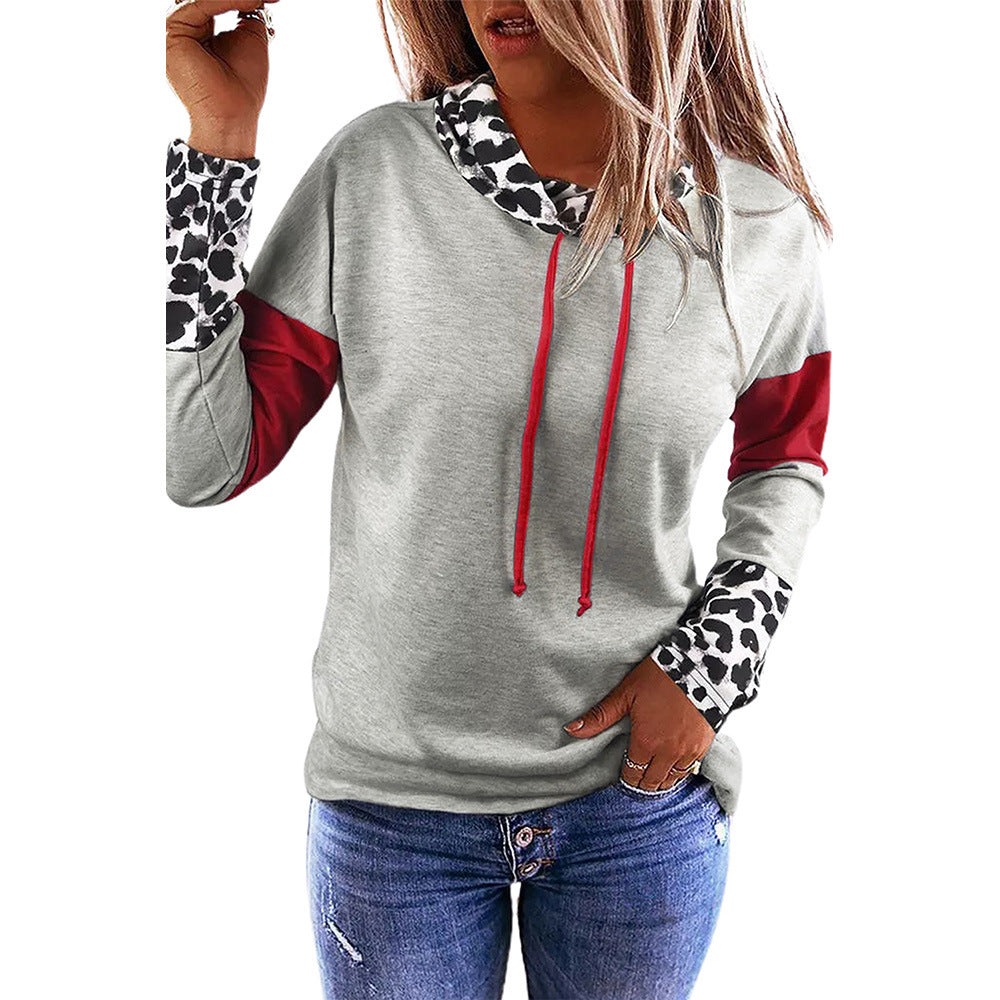 Autumn Turtleneck Drawstring Sweatshirt Leopard Splicing Top
