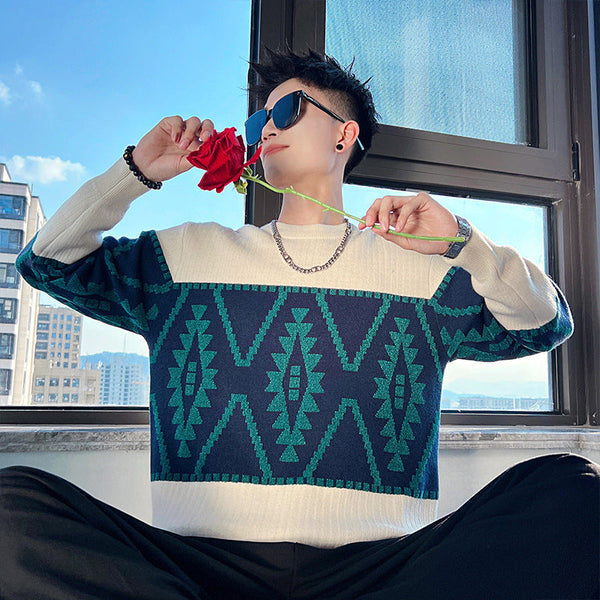 Thickened Assorted Colors Diamond Lattice Contrast Color Pullover sweater
