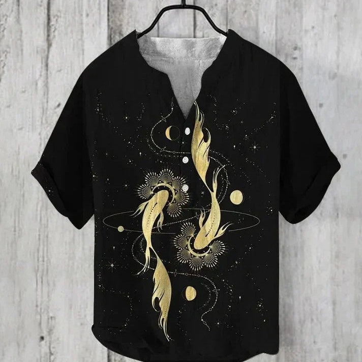 Printed V-neck Men's 3 Breasted Pullover Short Sleeve Shirt