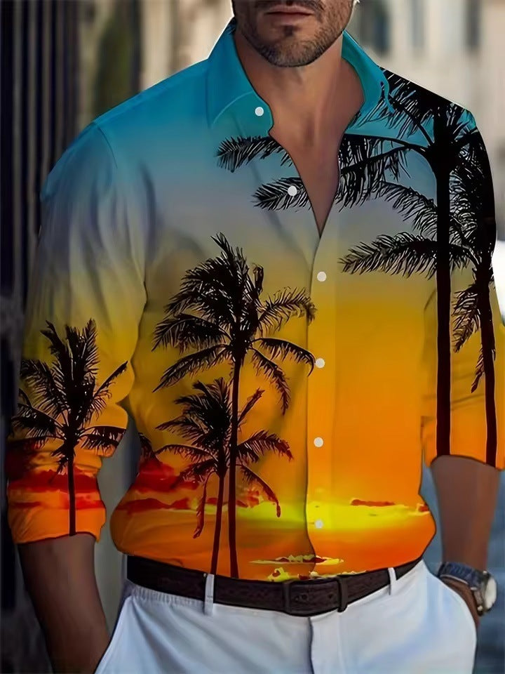 Men's Long Sleeve Palm Tree And Striped Printed Shirt