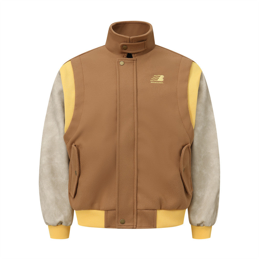 Baseball Uniform Men's Jacket Color Contrast Patchwork PU Leather Sleeve