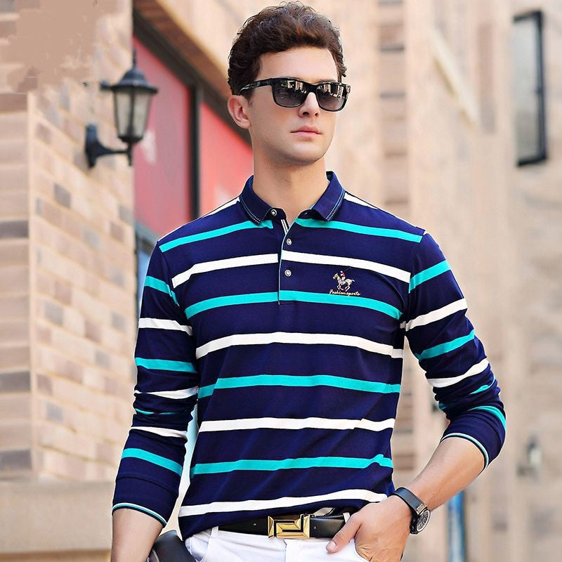 Business middle-aged striped lapel long sleeve T-shirt
