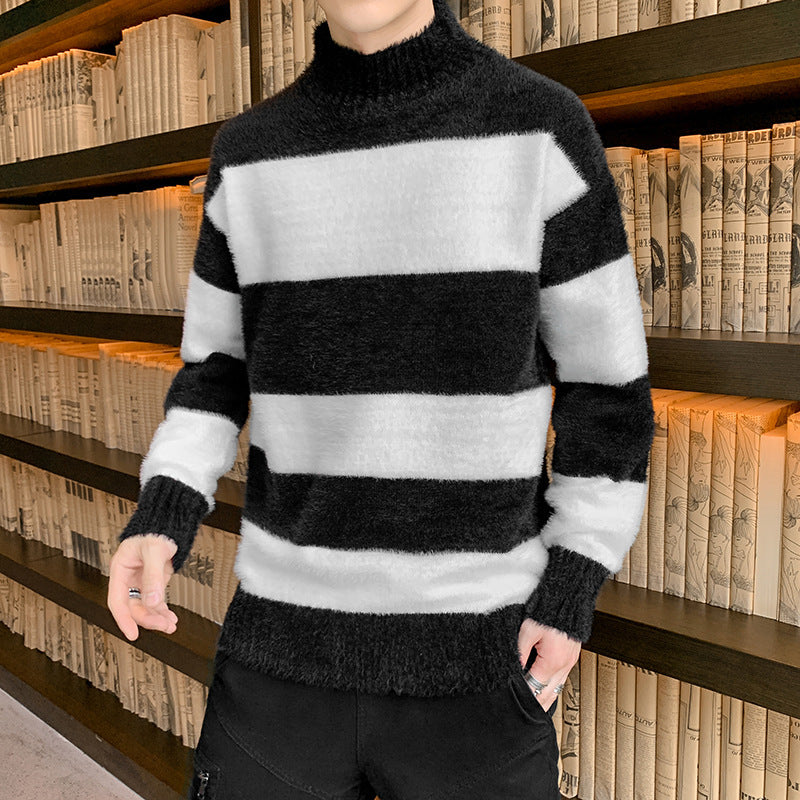 Half High Collar Pullover Striped T-Shirt