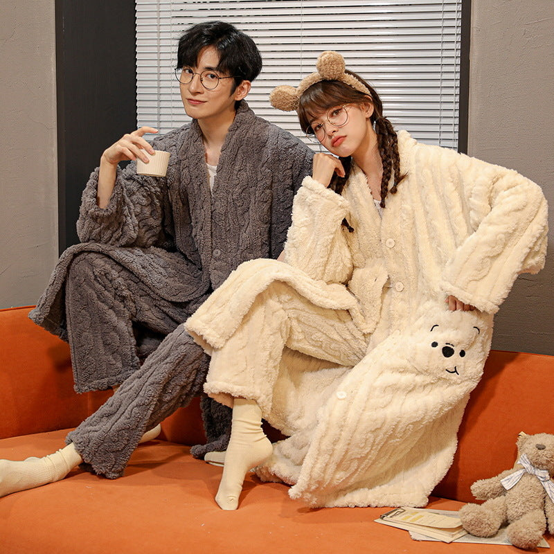 Women's Nightgown Autumn And Winter Long Flannel Thickened Couple Plus Size Loose Bathrobe Coral Fleece