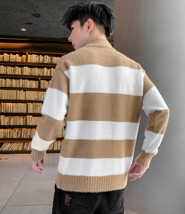 Half High Collar Pullover Striped T-Shirt
