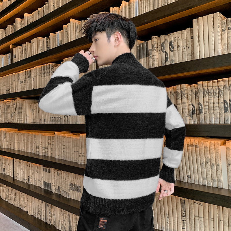 Half High Collar Pullover Striped T-Shirt