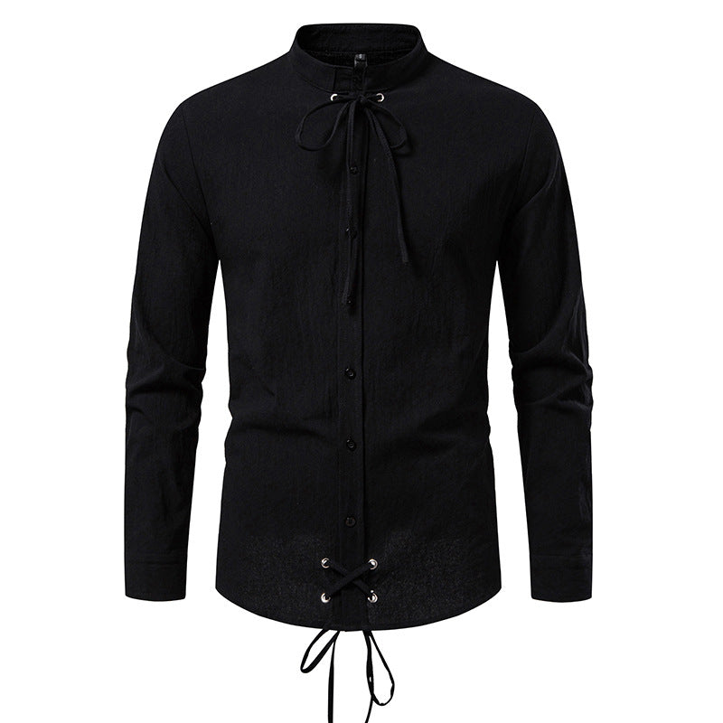 Pirate Drawstring Men's Cotton And Linen Long Sleeve European Size Shirt