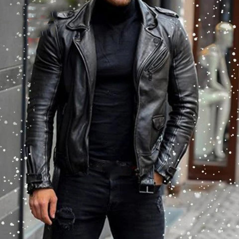 Lapel Men's Zipper Short Leather Jacket