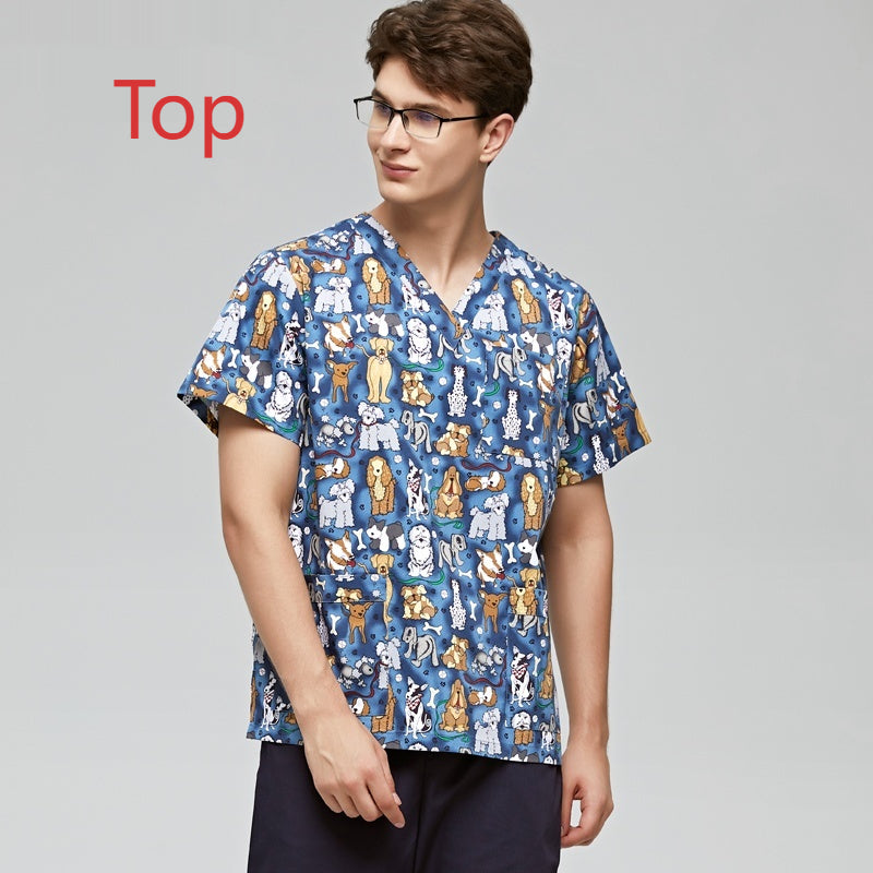Surgical Gown Printed V-neck Pet Doctor Beauty Hospital Work Clothes Flower Dog Blue