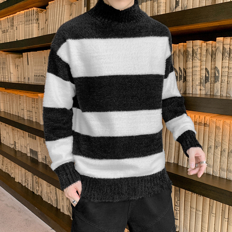 Half High Collar Pullover Striped T-Shirt