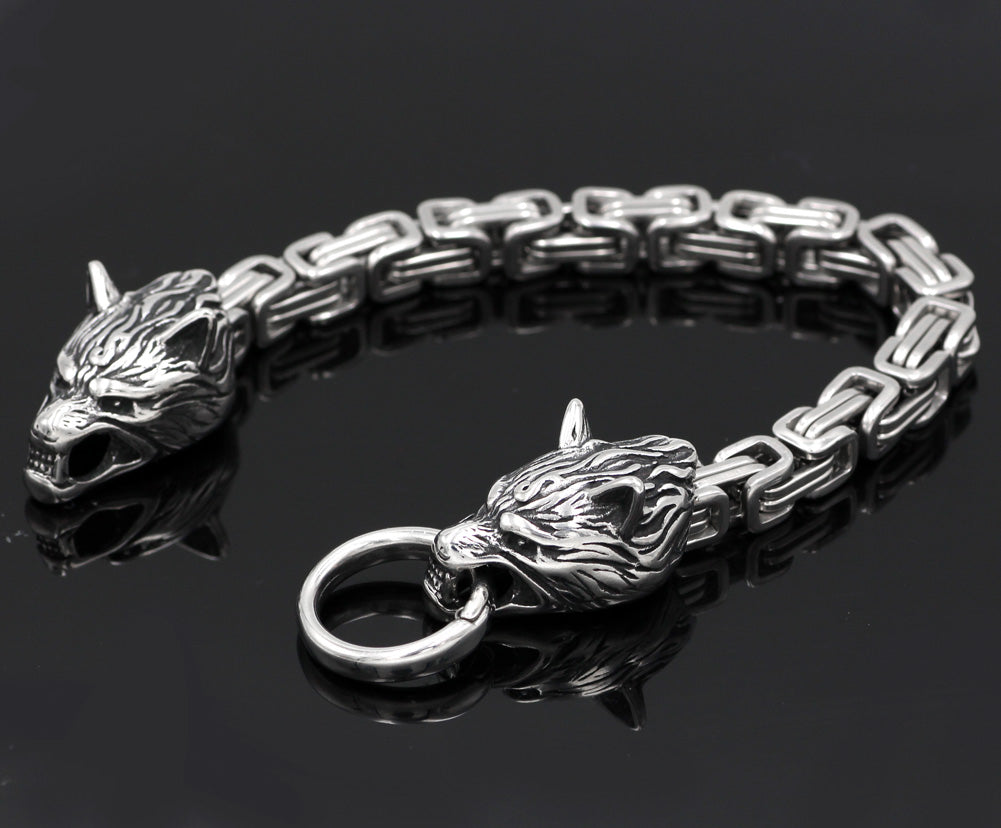 King chain viking wolf head bracelet men