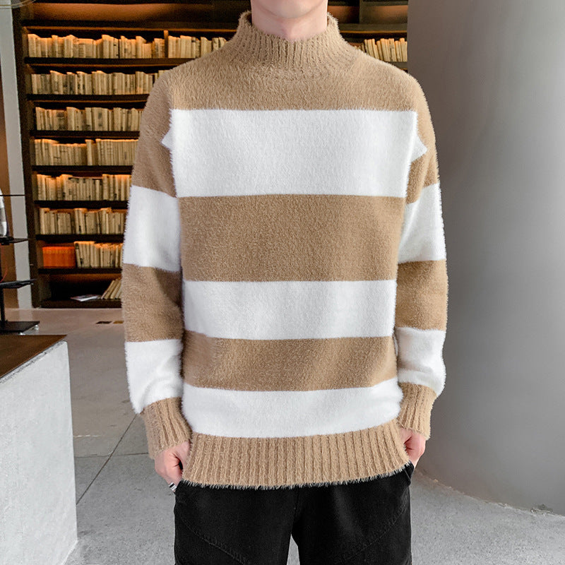 Half High Collar Pullover Striped T-Shirt