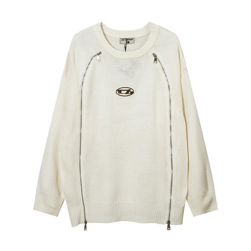 Men's High Street Niche Design Two-way Zipper Patchwork Round Neck Sweater