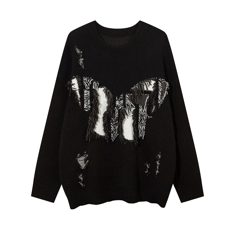 Butterfly Color Matching Hole With Cat Whisker Round Neck Sweater
