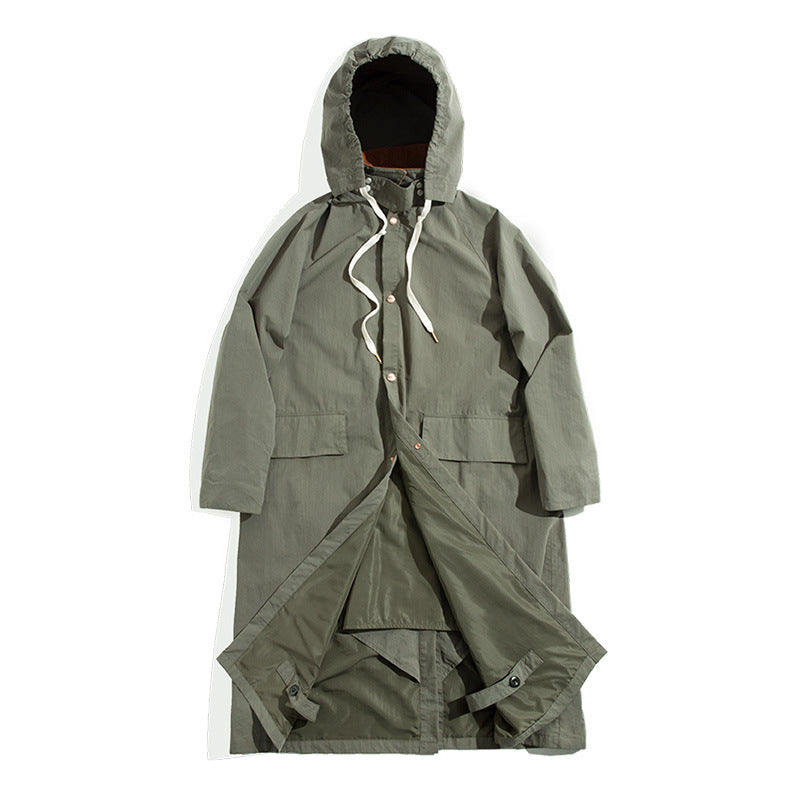 Retro Hooded Over-the-knee Cycling Windbreaker Drawstring Corduroy Panel Coat
