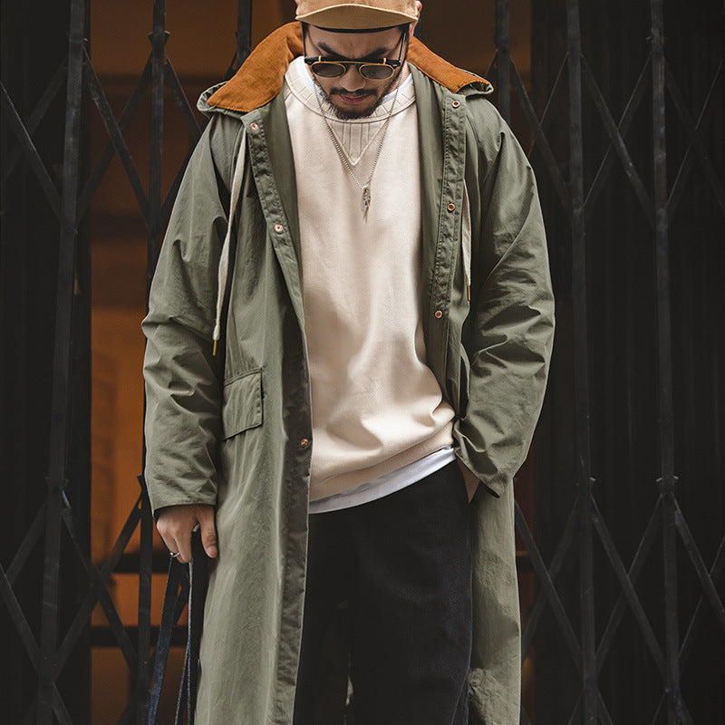 Retro Hooded Over-the-knee Cycling Windbreaker Drawstring Corduroy Panel Coat