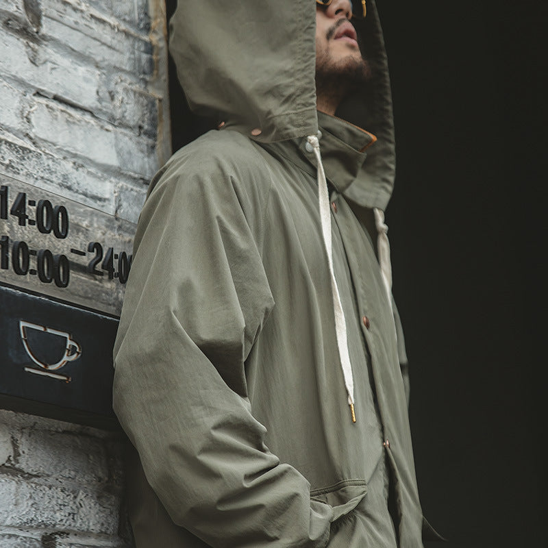 Retro Hooded Over-the-knee Cycling Windbreaker Drawstring Corduroy Panel Coat