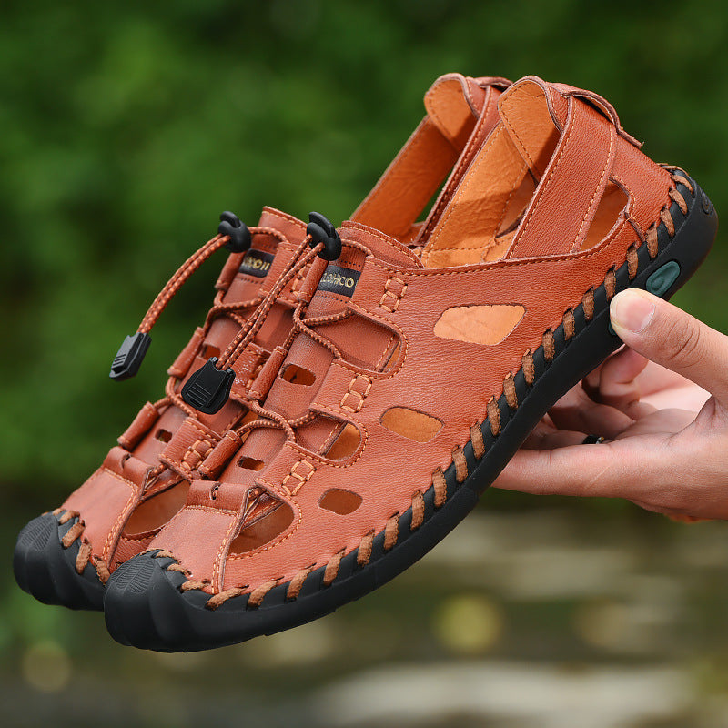 Men's Baotou Sandals New Breathable Leather Sandals Summer Fashion Outer Wear Set Feet All-Match Beach Shoes