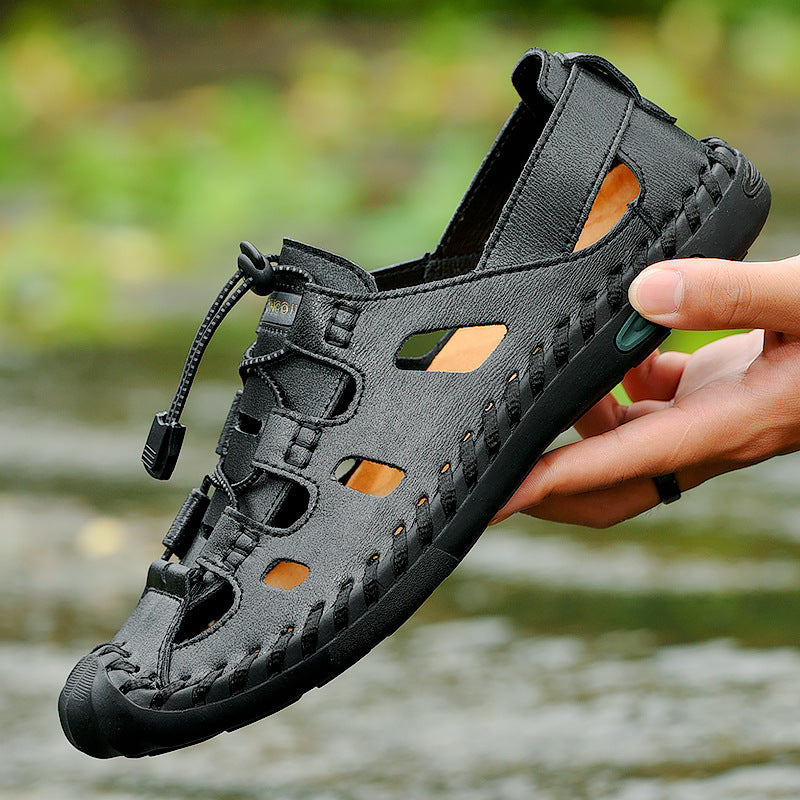 Men's Baotou Sandals New Breathable Leather Sandals Summer Fashion Outer Wear Set Feet All-Match Beach Shoes