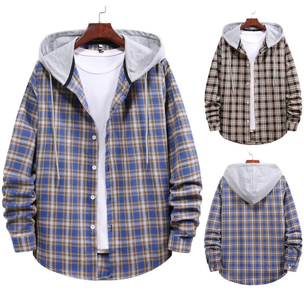 Hooded Plaid Long-Sleeved Shirt Men