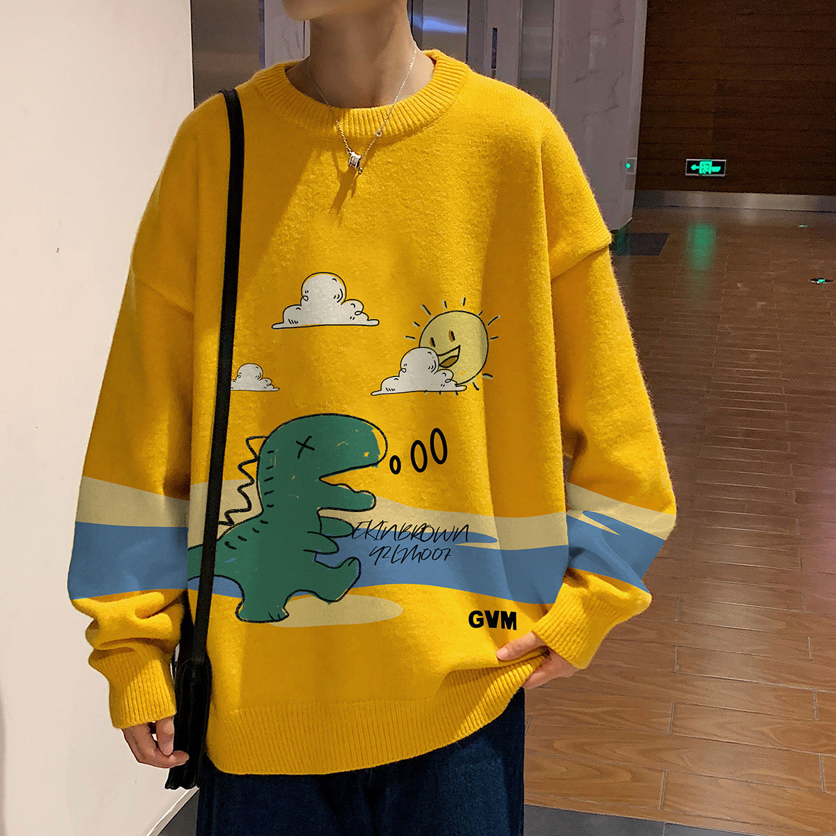 Dinosaur Print Crew Neck Loose Sweater Men