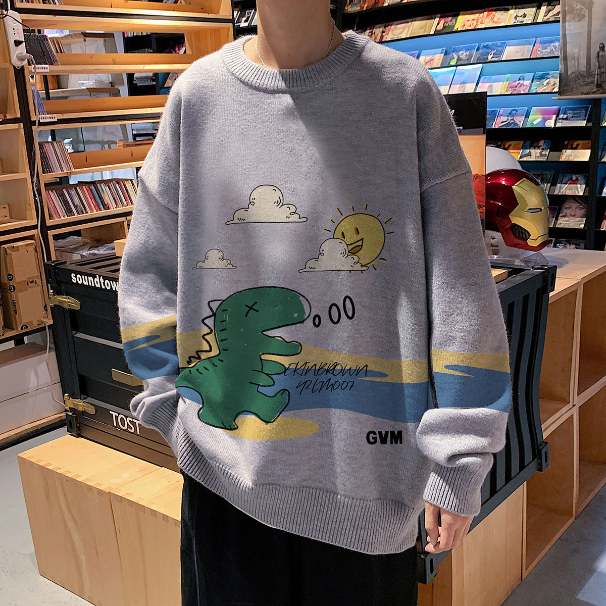 Dinosaur Print Crew Neck Loose Sweater Men