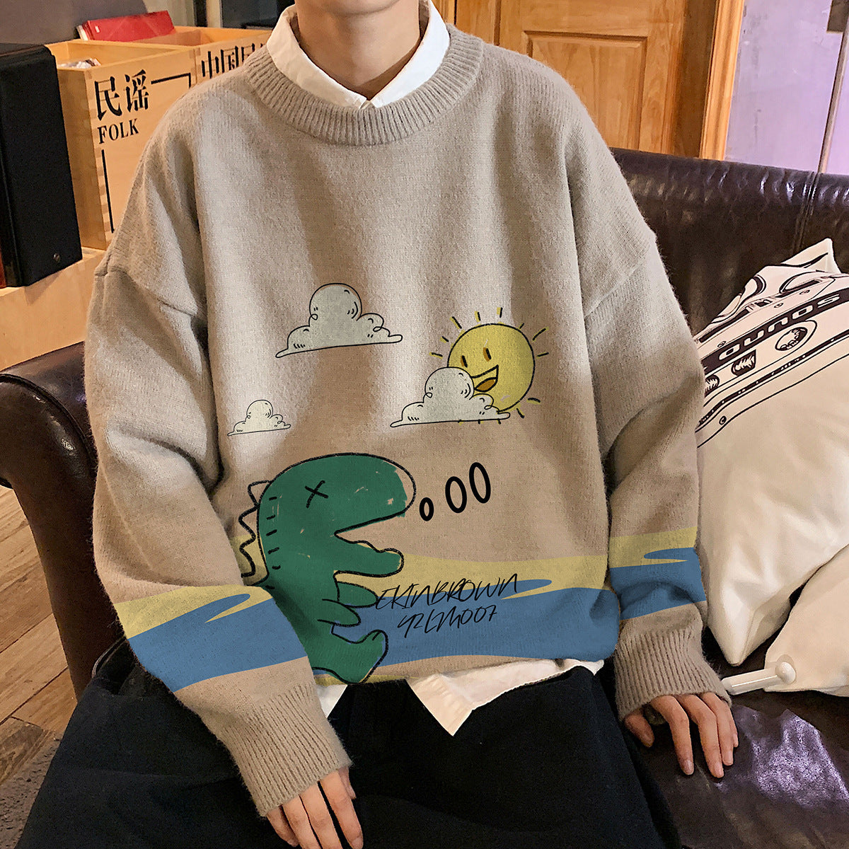 Dinosaur Print Crew Neck Loose Sweater Men