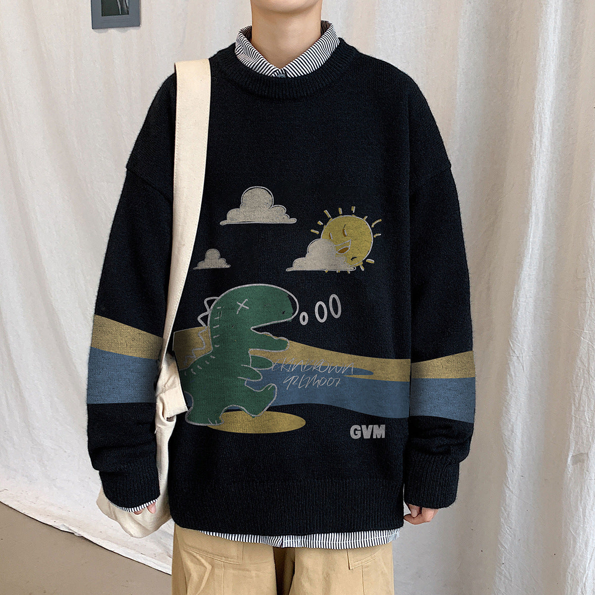 Dinosaur Print Crew Neck Loose Sweater Men