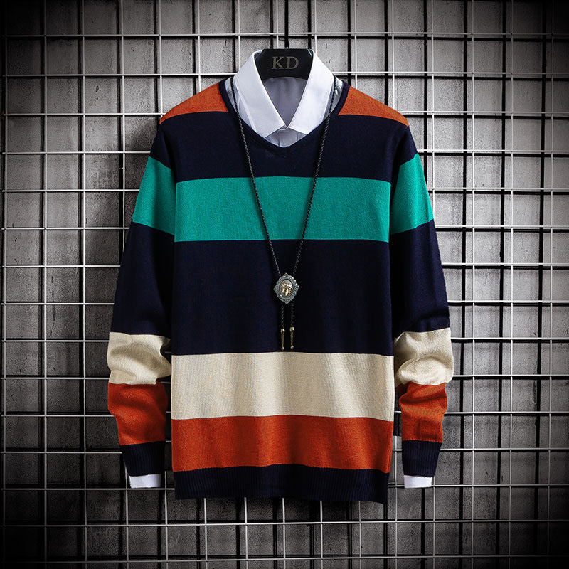 New Thin Color Blocking Round Neck Casual Sweater