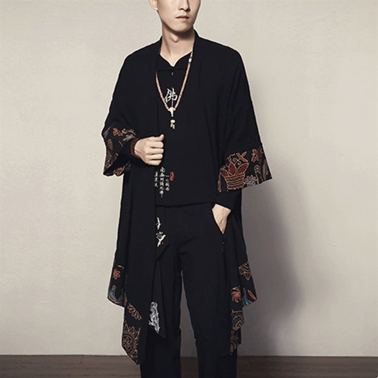 Retro Chinese Style Men's Ethnic Style Jacket Tang Suit Three-Quarter Sleeve Kimono
