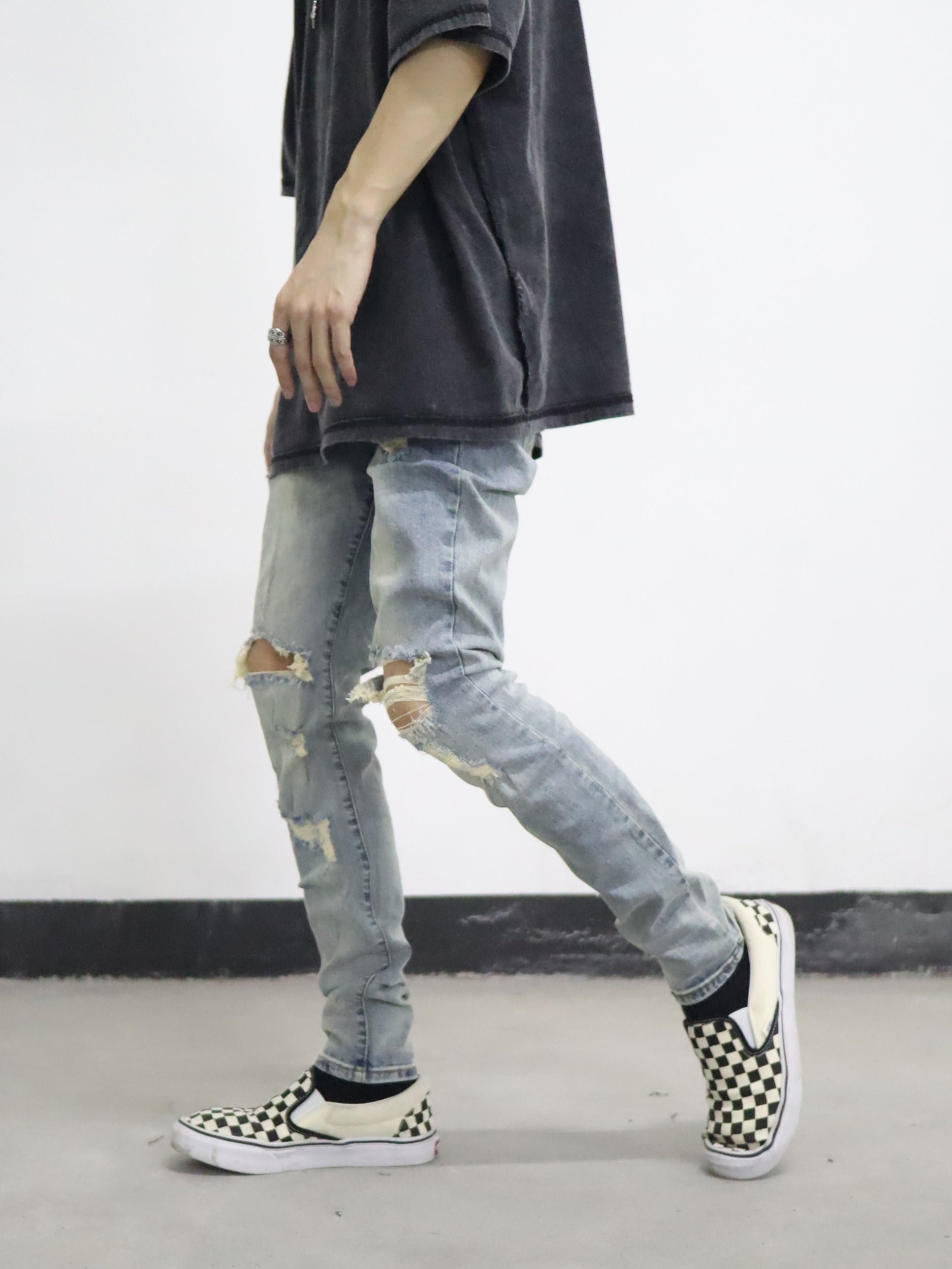 European And American High Street FOG Knee Holes Washed And Worn Light Blue Casual Street Skateboarding Slim Jeans Trendy Men