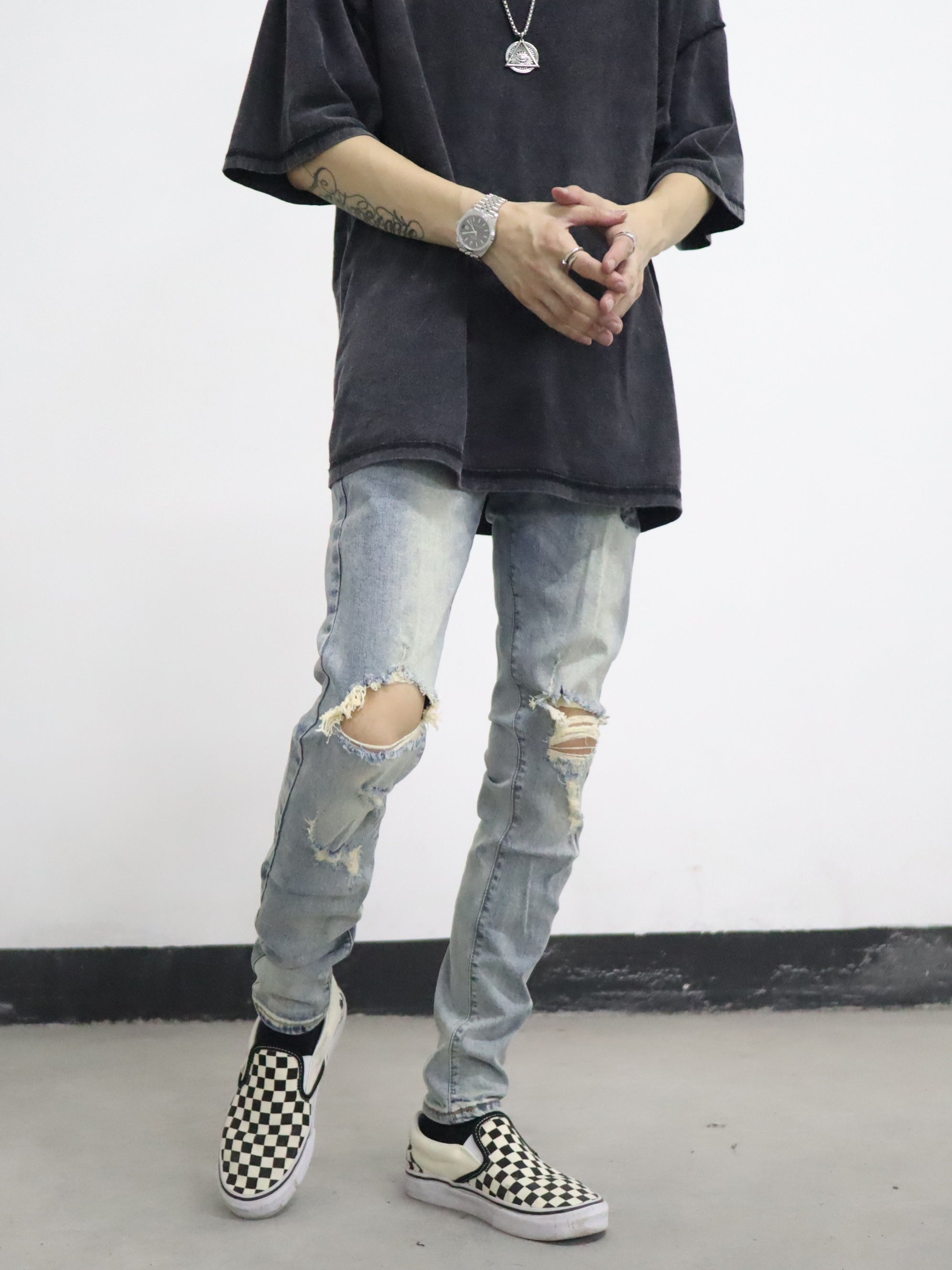 European And American High Street FOG Knee Holes Washed And Worn Light Blue Casual Street Skateboarding Slim Jeans Trendy Men