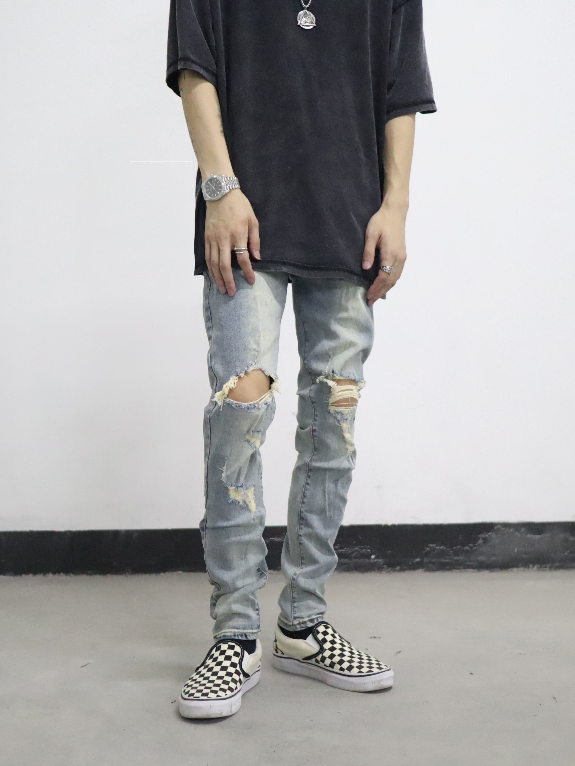 European And American High Street FOG Knee Holes Washed And Worn Light Blue Casual Street Skateboarding Slim Jeans Trendy Men