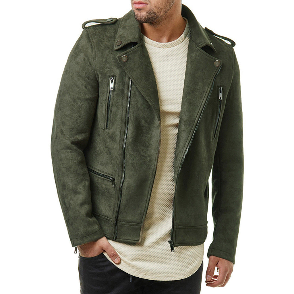 Lapel Leather Jacket Short Diagonal Zipper Suede Jacket Men